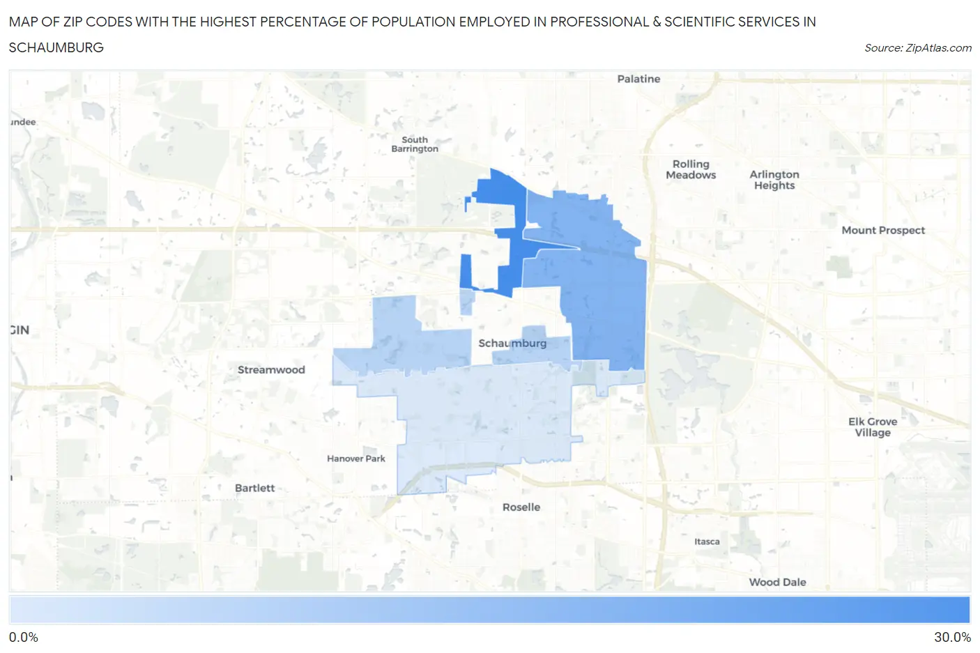 Zip Codes with the Highest Percentage of Population Employed in Professional & Scientific Services in Schaumburg Map