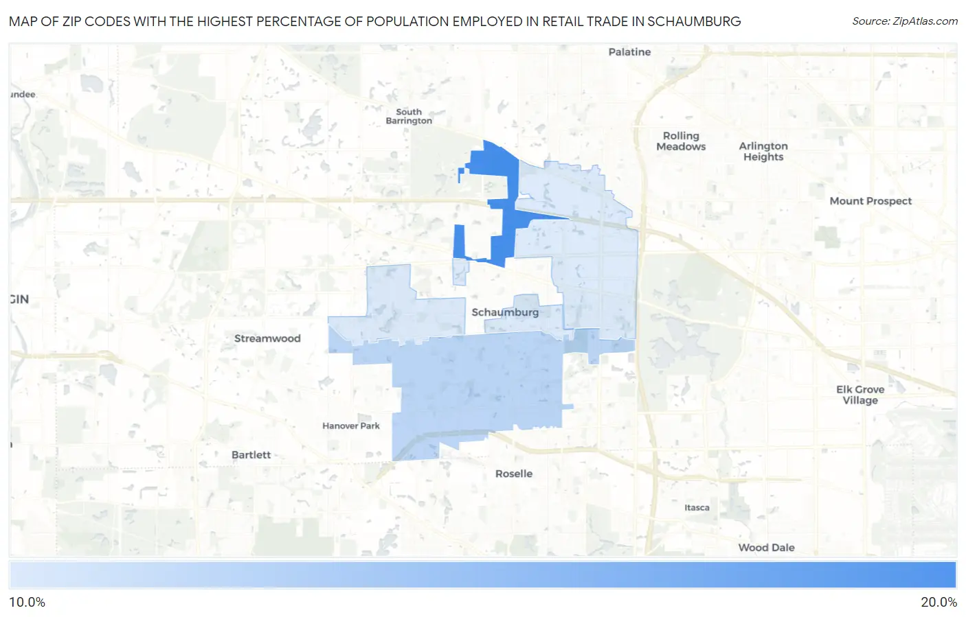 Zip Codes with the Highest Percentage of Population Employed in Retail Trade in Schaumburg Map