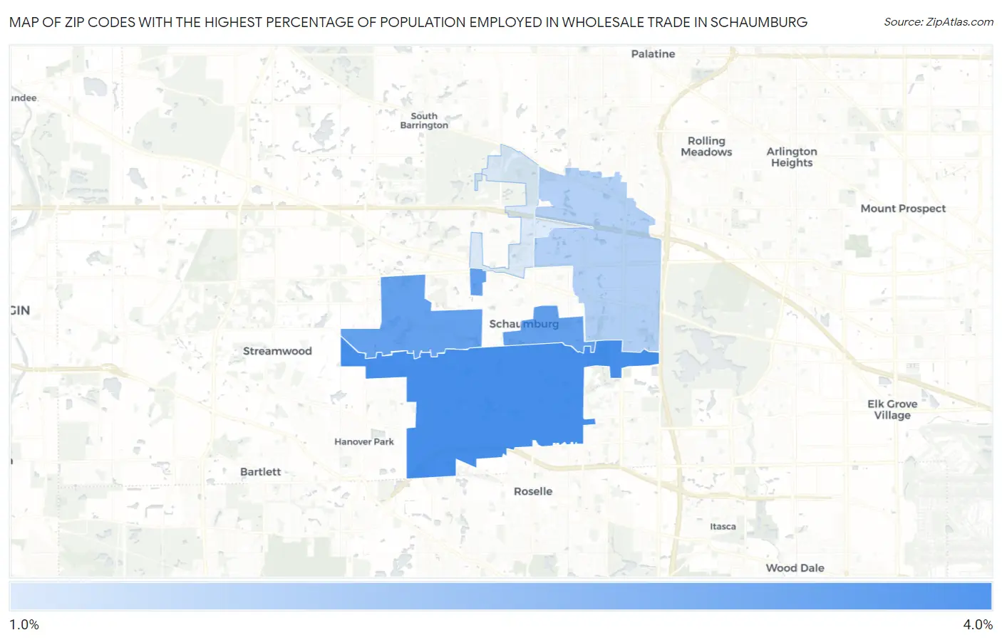 Zip Codes with the Highest Percentage of Population Employed in Wholesale Trade in Schaumburg Map