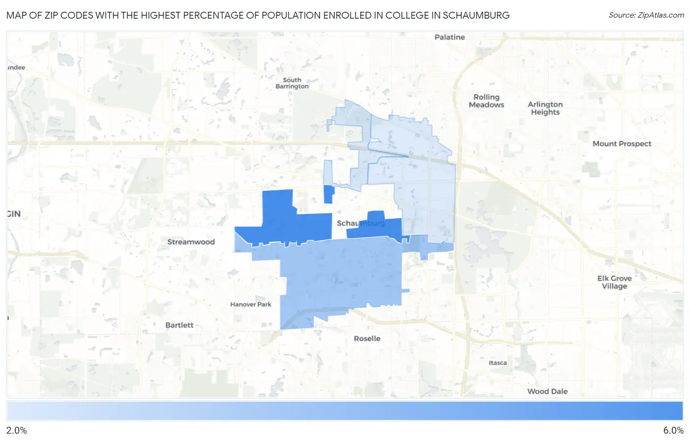 Zip Codes with the Highest Percentage of Population Enrolled in College in Schaumburg Map