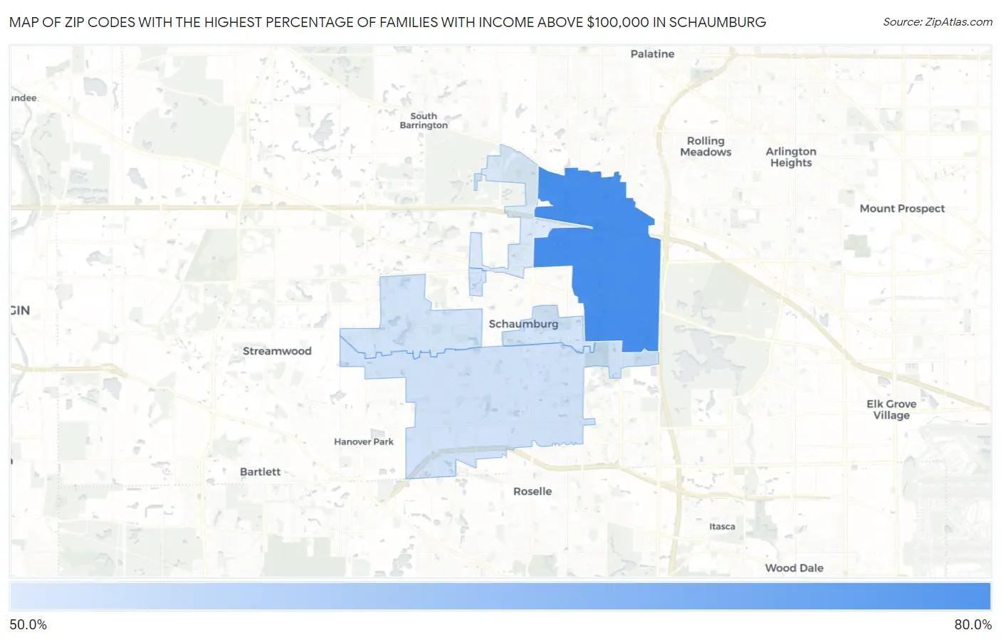 Zip Codes with the Highest Percentage of Families with Income Above $100,000 in Schaumburg Map