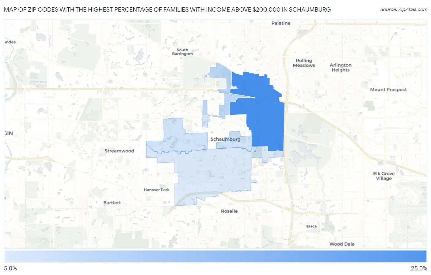 Zip Codes with the Highest Percentage of Families with Income Above $200,000 in Schaumburg Map