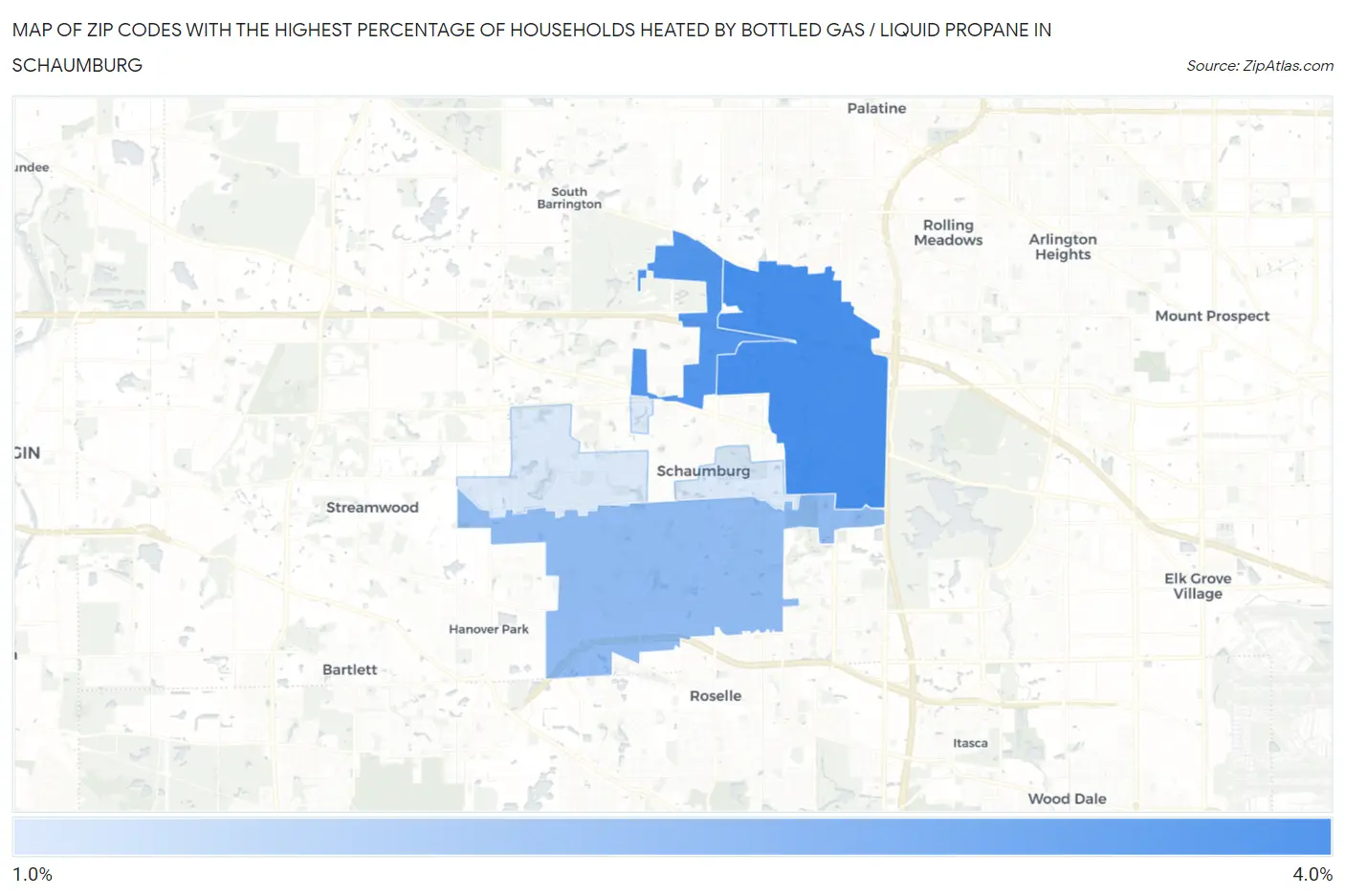 Zip Codes with the Highest Percentage of Households Heated by Bottled Gas / Liquid Propane in Schaumburg Map