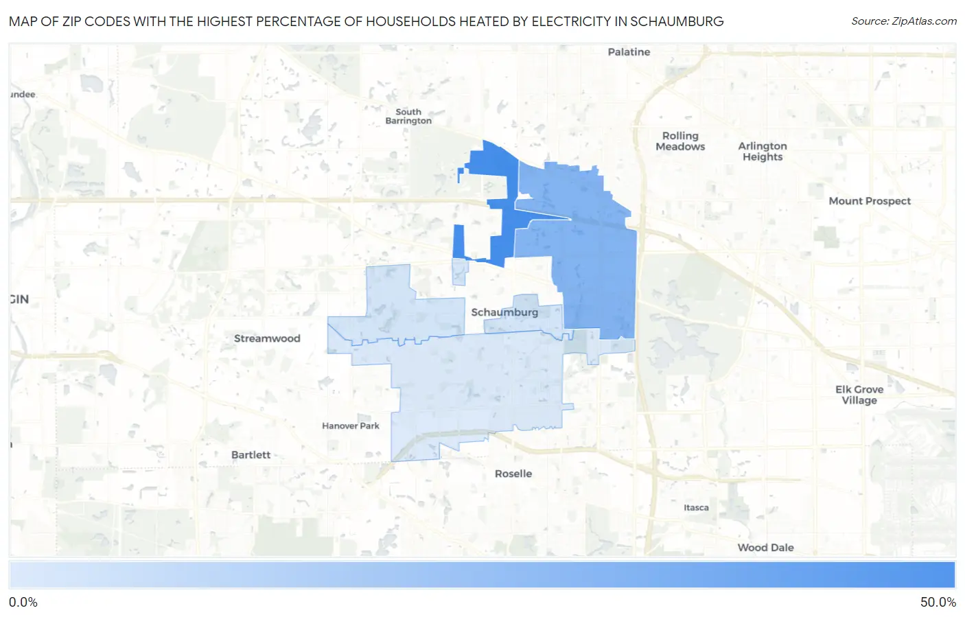 Zip Codes with the Highest Percentage of Households Heated by Electricity in Schaumburg Map