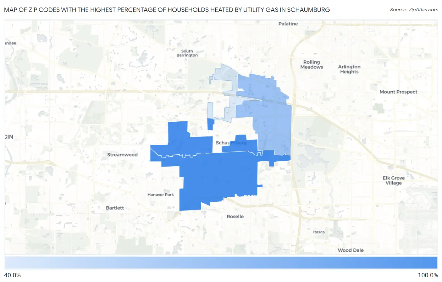 Zip Codes with the Highest Percentage of Households Heated by Utility Gas in Schaumburg Map