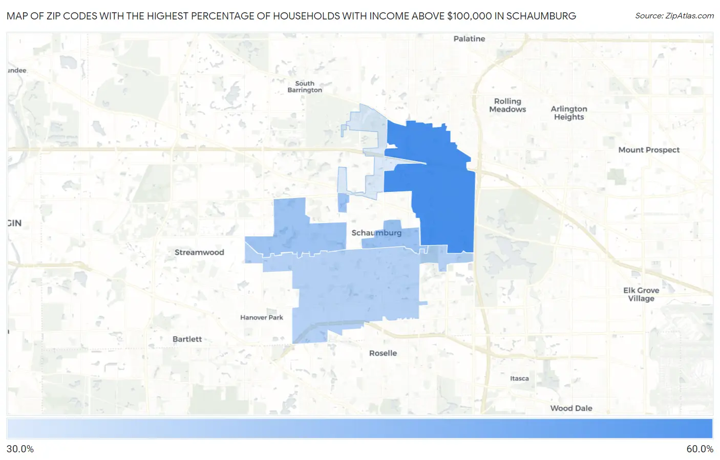 Zip Codes with the Highest Percentage of Households with Income Above $100,000 in Schaumburg Map
