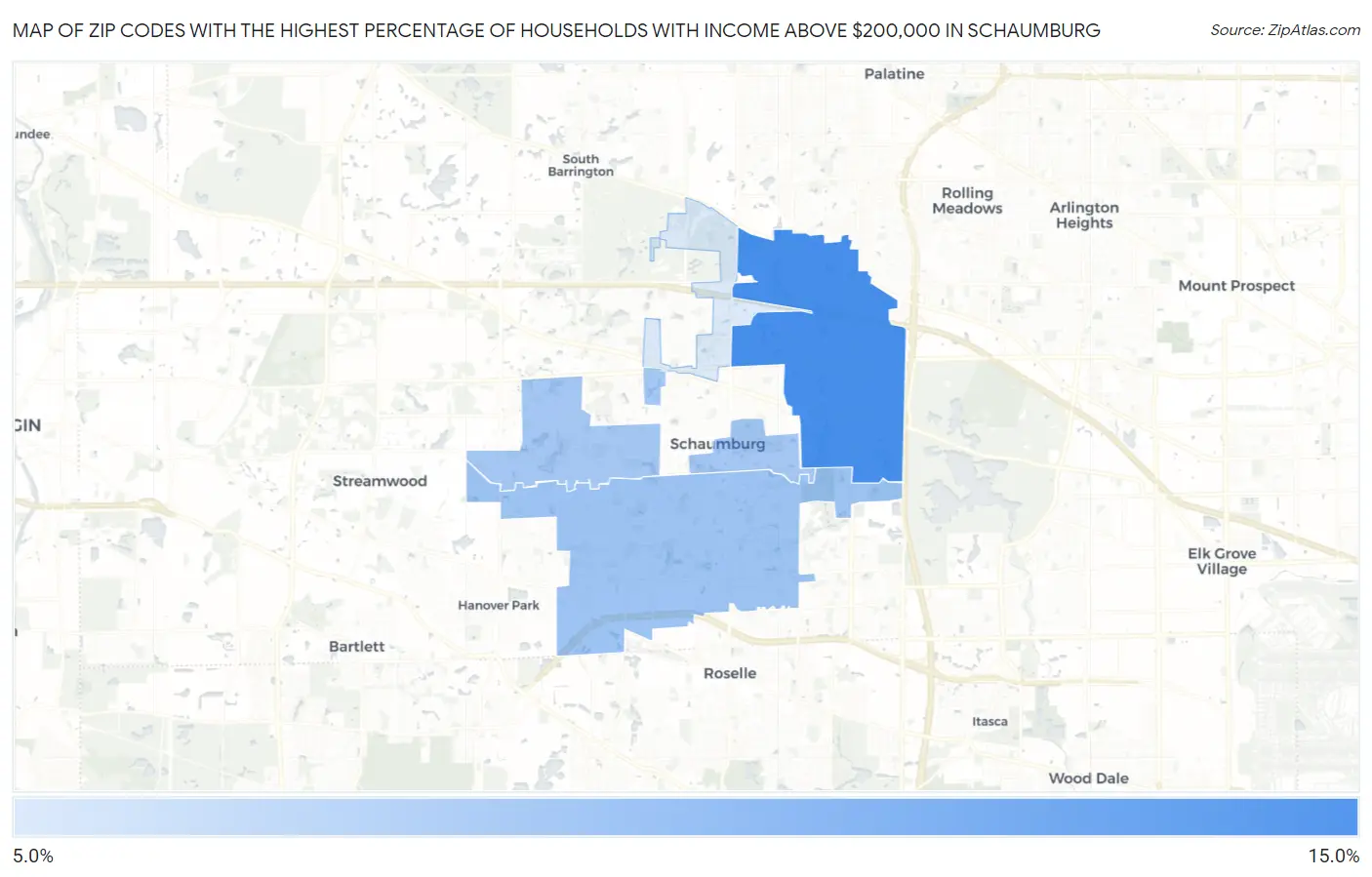 Zip Codes with the Highest Percentage of Households with Income Above $200,000 in Schaumburg Map