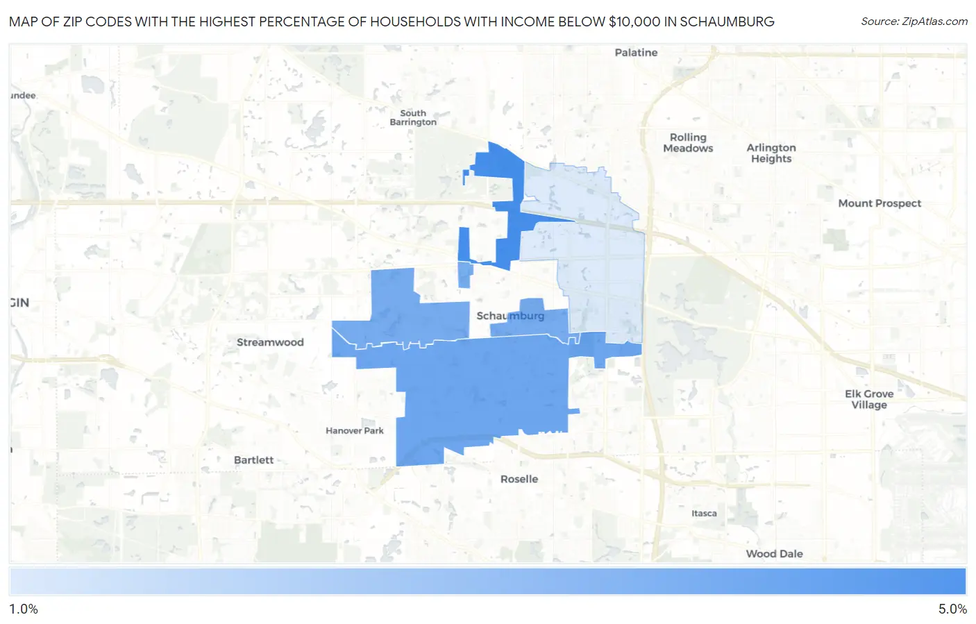 Zip Codes with the Highest Percentage of Households with Income Below $10,000 in Schaumburg Map