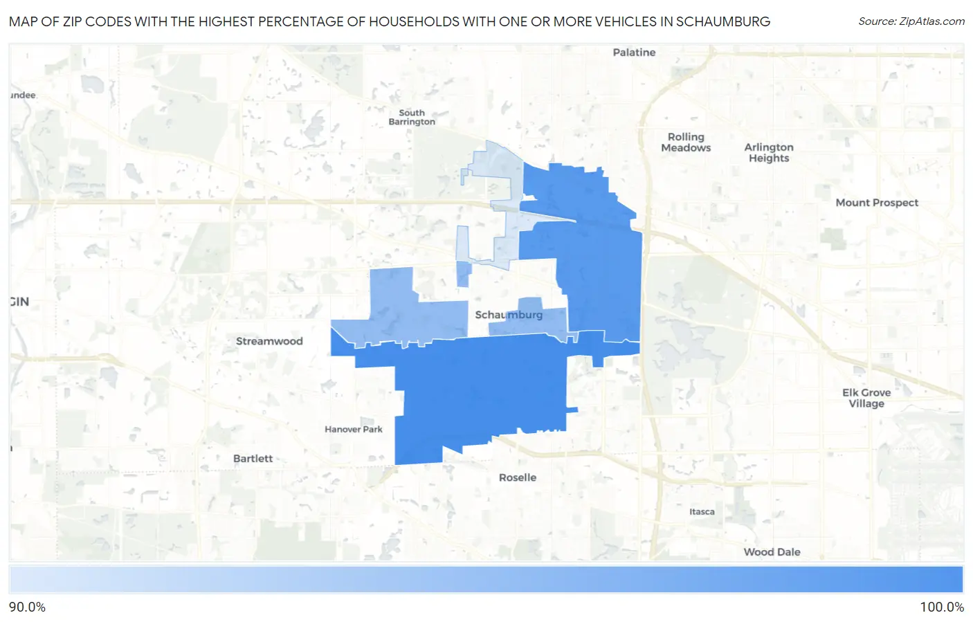 Zip Codes with the Highest Percentage of Households With One or more Vehicles in Schaumburg Map