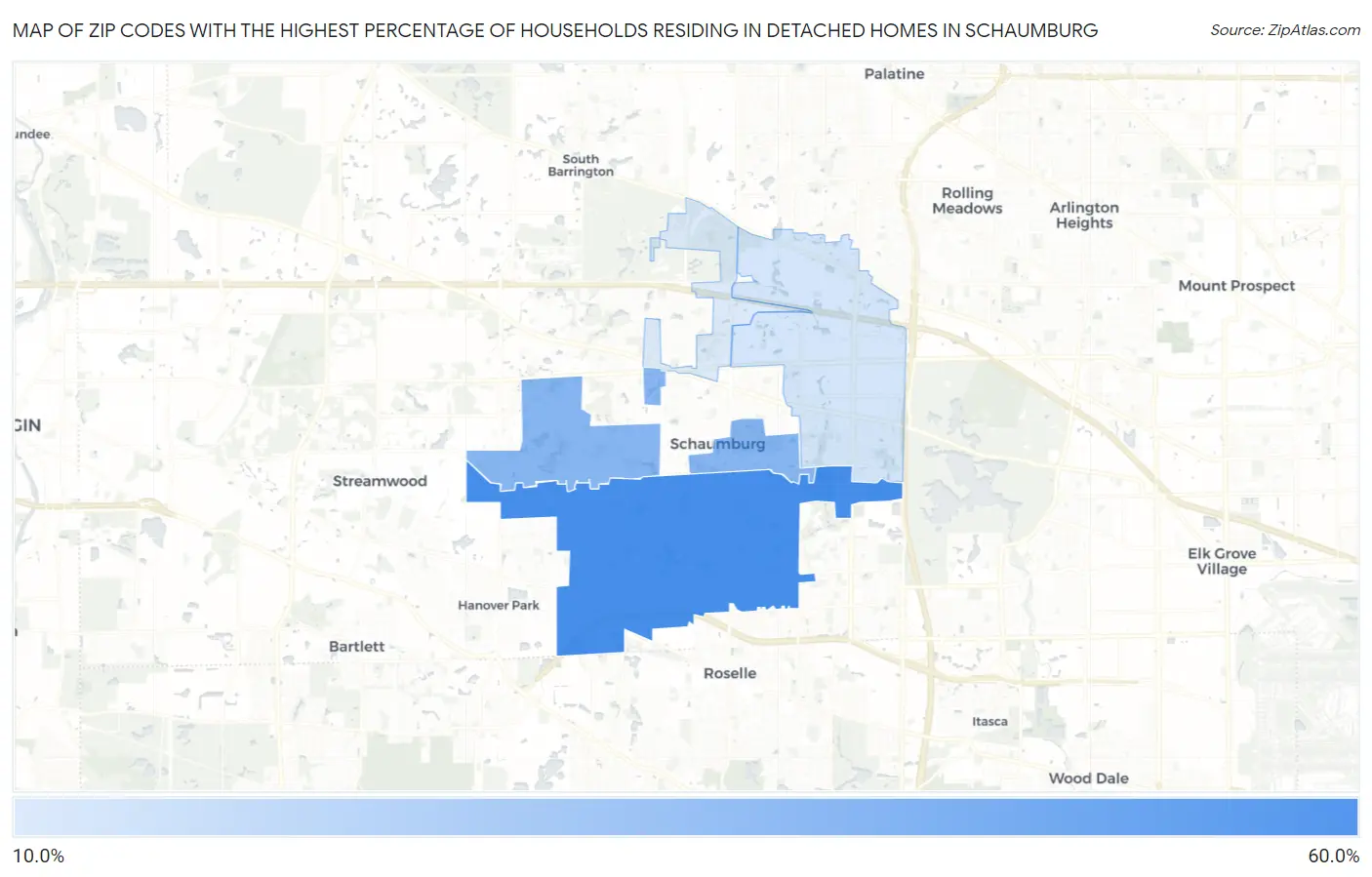 Zip Codes with the Highest Percentage of Households Residing in Detached Homes in Schaumburg Map