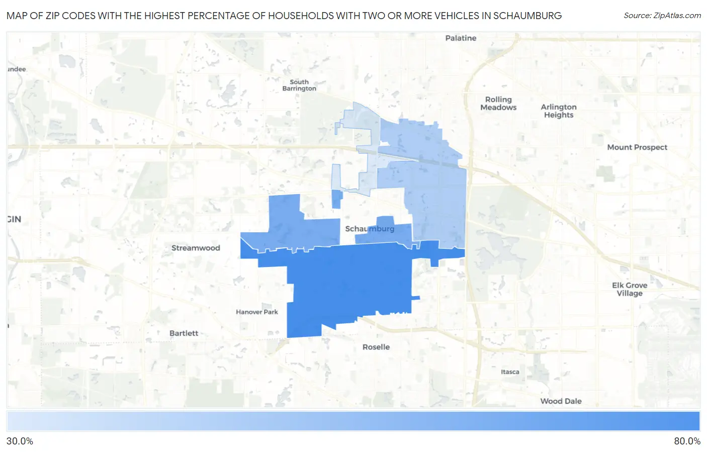 Zip Codes with the Highest Percentage of Households With Two or more Vehicles in Schaumburg Map