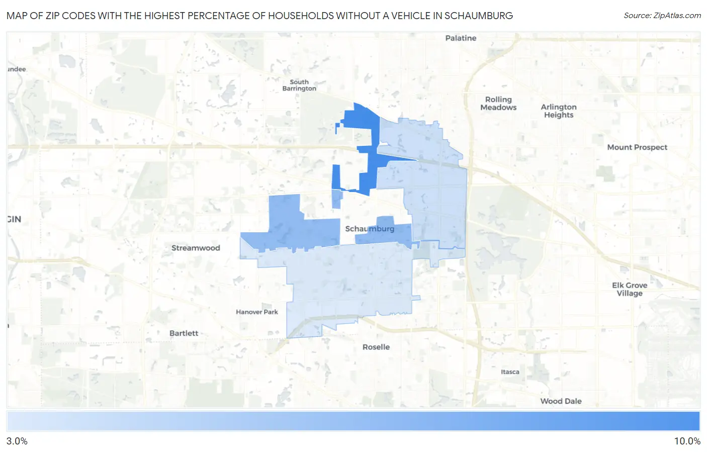 Zip Codes with the Highest Percentage of Households Without a Vehicle in Schaumburg Map