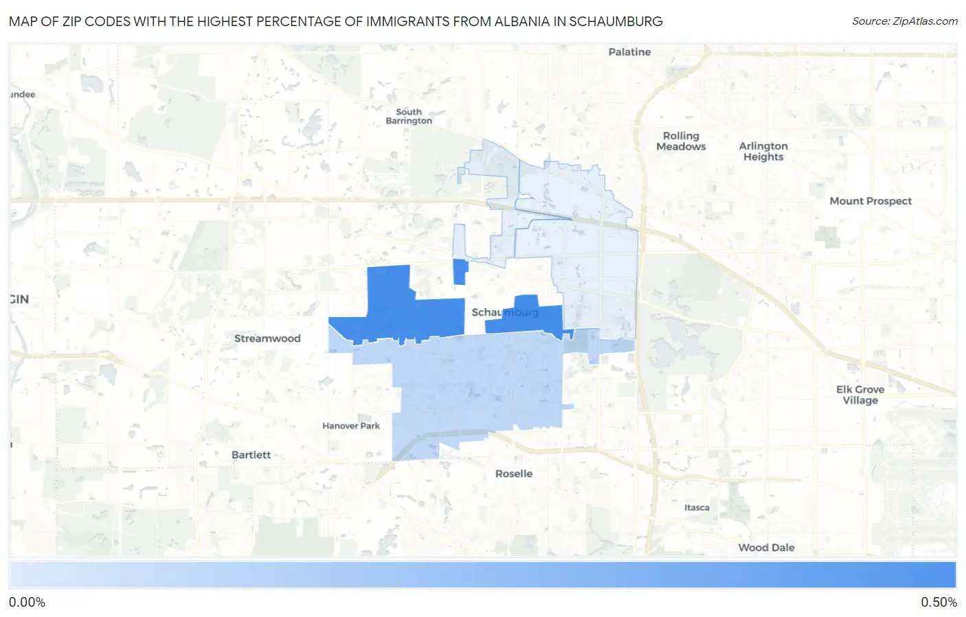 Zip Codes with the Highest Percentage of Immigrants from Albania in Schaumburg Map