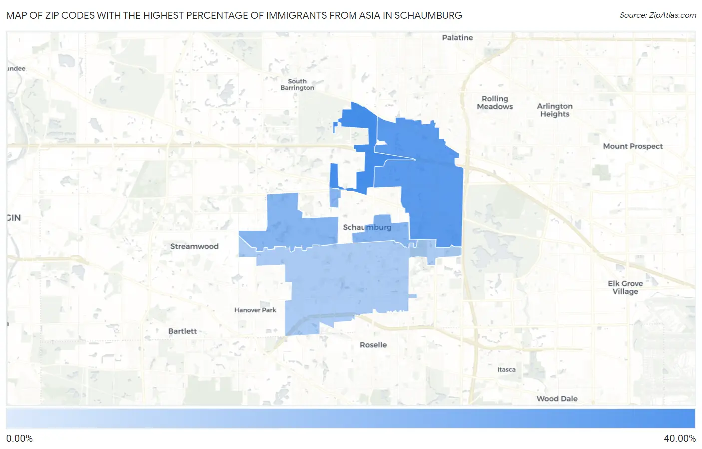 Zip Codes with the Highest Percentage of Immigrants from Asia in Schaumburg Map