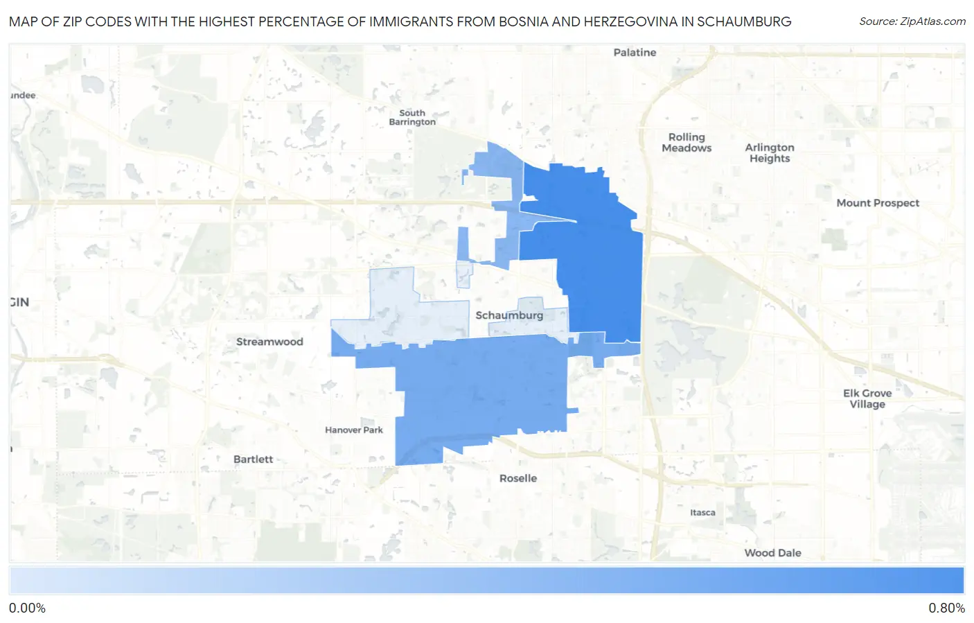 Zip Codes with the Highest Percentage of Immigrants from Bosnia and Herzegovina in Schaumburg Map