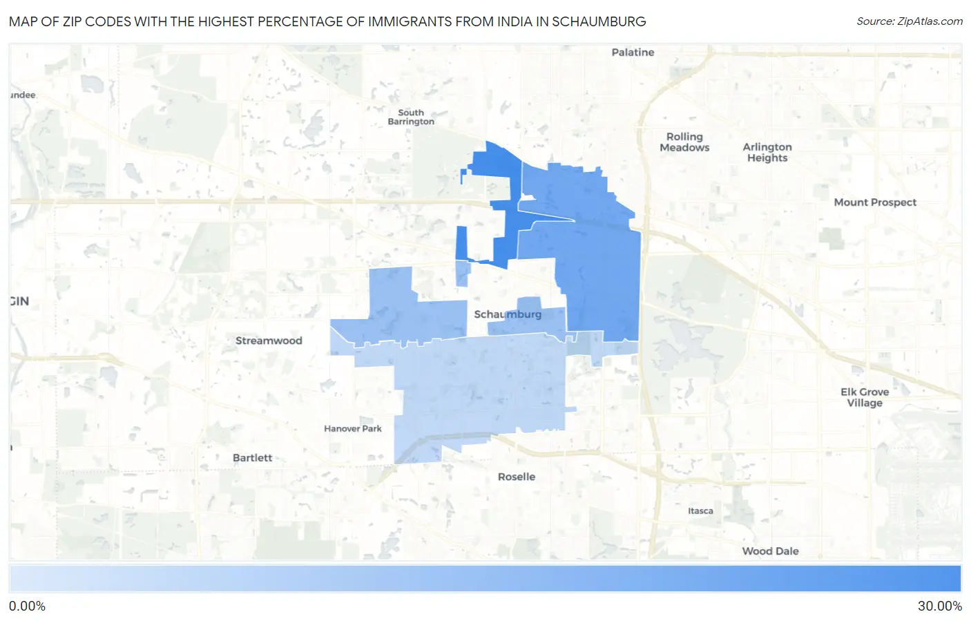 Zip Codes with the Highest Percentage of Immigrants from India in Schaumburg Map
