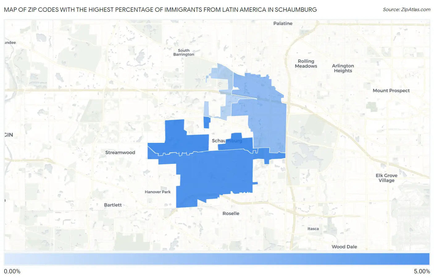 Zip Codes with the Highest Percentage of Immigrants from Latin America in Schaumburg Map