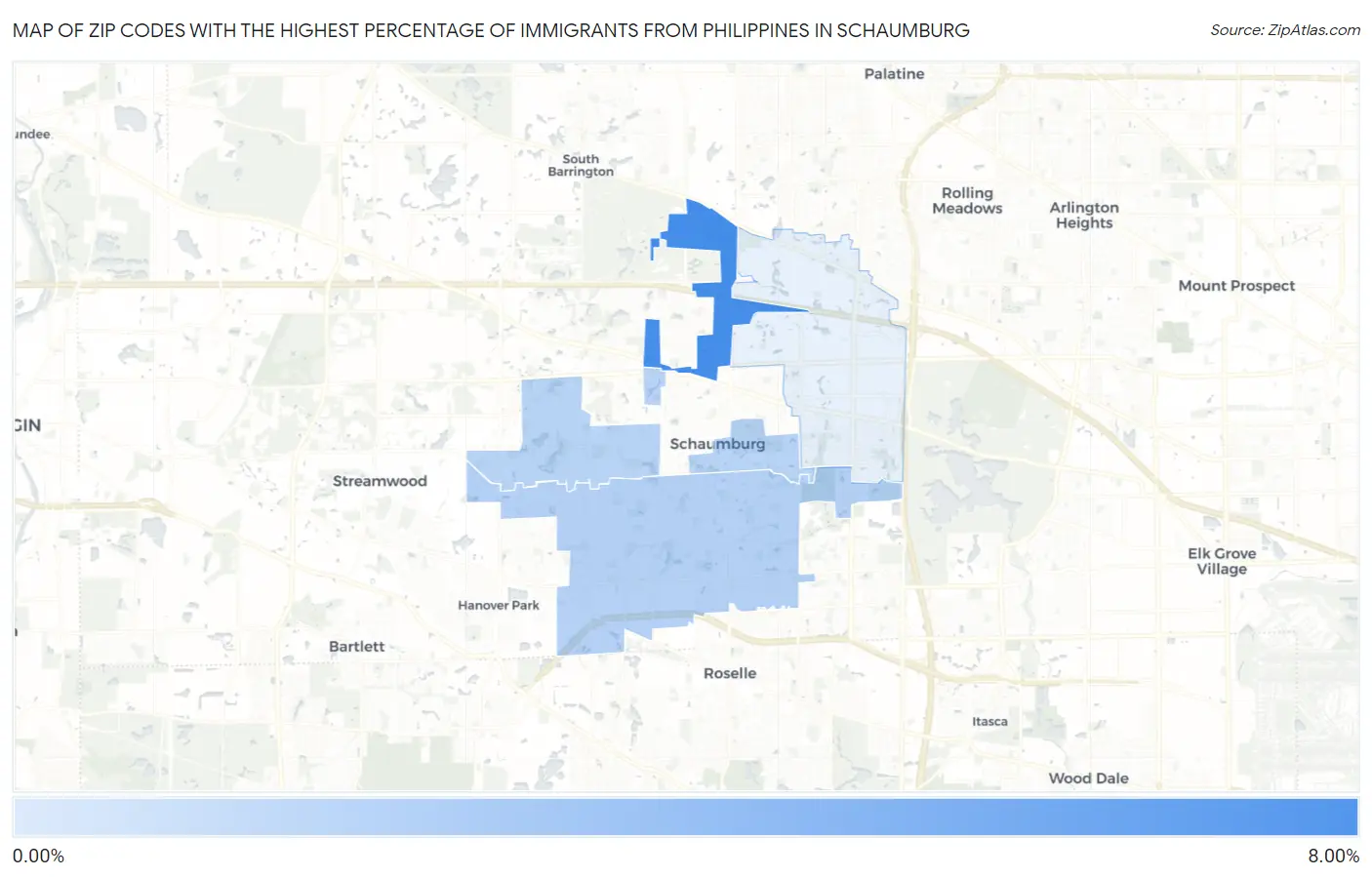 Zip Codes with the Highest Percentage of Immigrants from Philippines in Schaumburg Map
