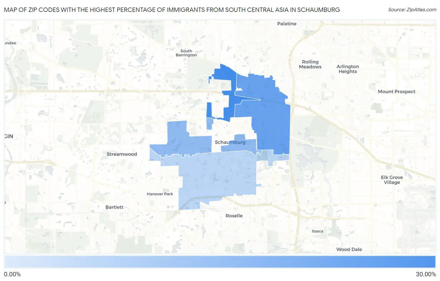 Zip Codes with the Highest Percentage of Immigrants from South Central Asia in Schaumburg Map