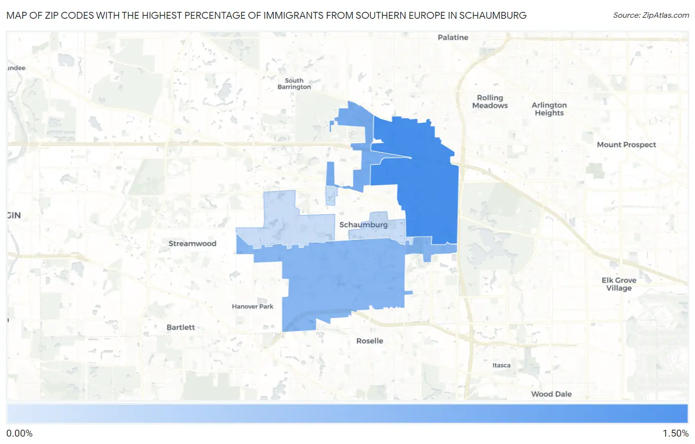 Zip Codes with the Highest Percentage of Immigrants from Southern Europe in Schaumburg Map