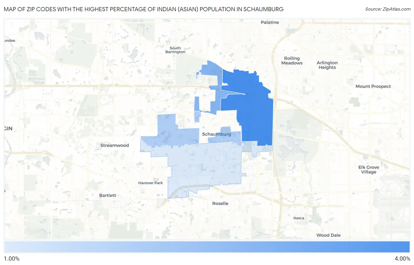 Zip Codes with the Highest Percentage of Indian (Asian) Population in Schaumburg Map