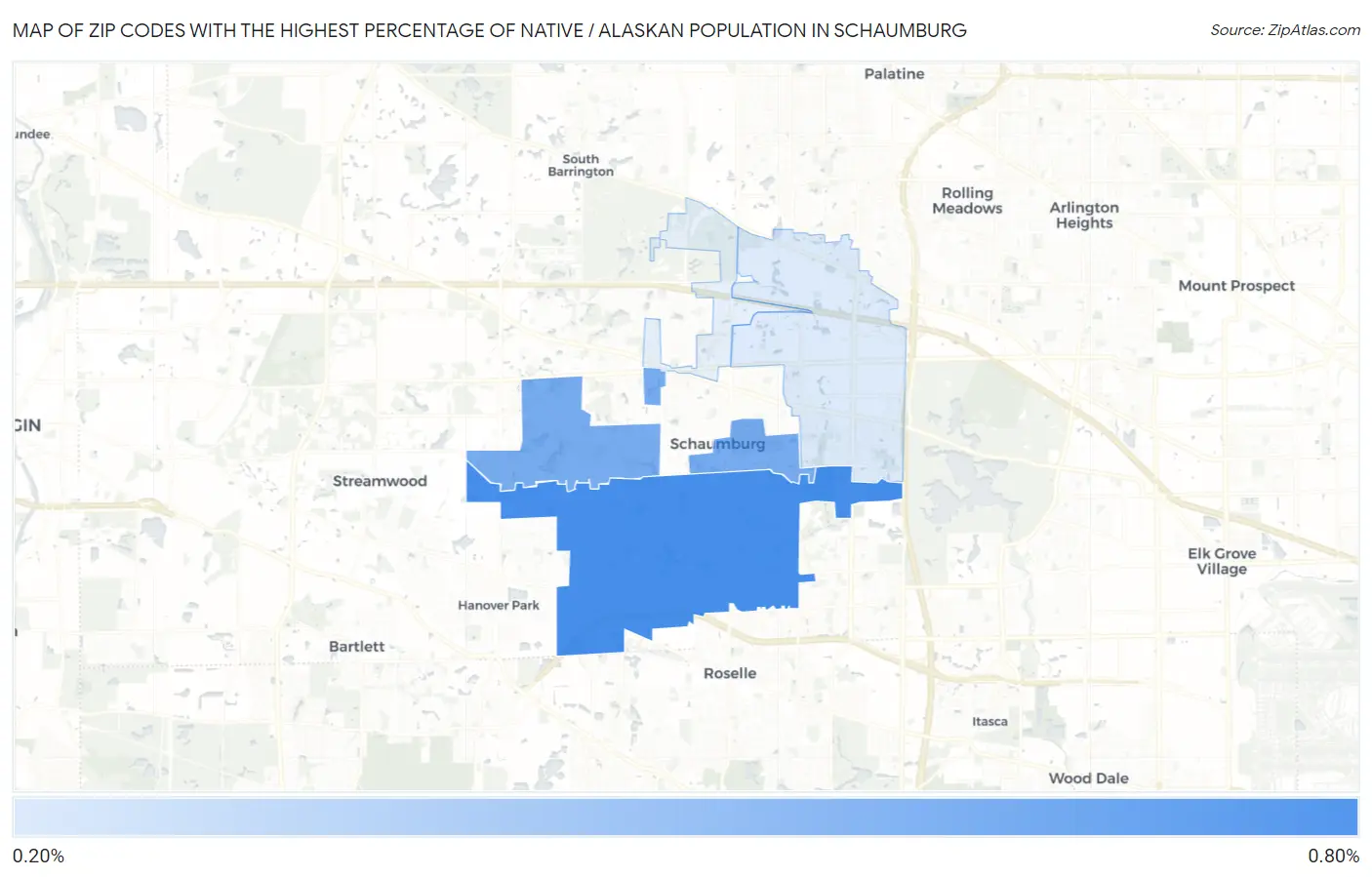 Zip Codes with the Highest Percentage of Native / Alaskan Population in Schaumburg Map