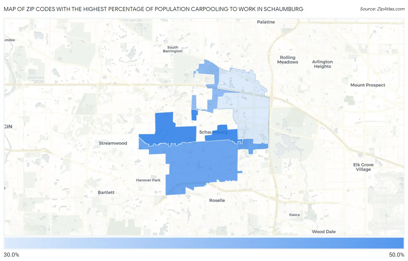 Zip Codes with the Highest Percentage of Population Carpooling to Work in Schaumburg Map