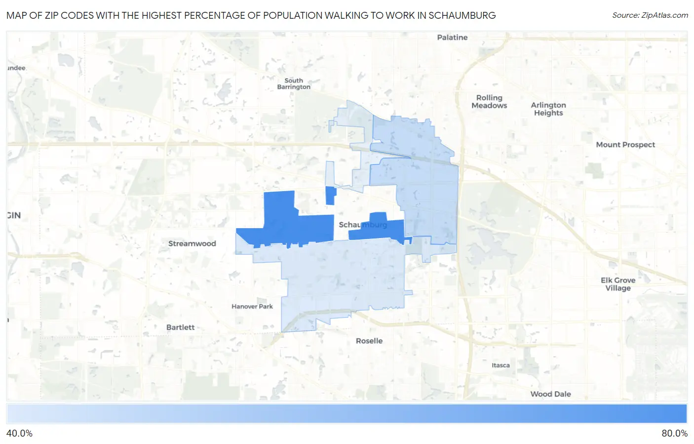 Zip Codes with the Highest Percentage of Population Walking to Work in Schaumburg Map