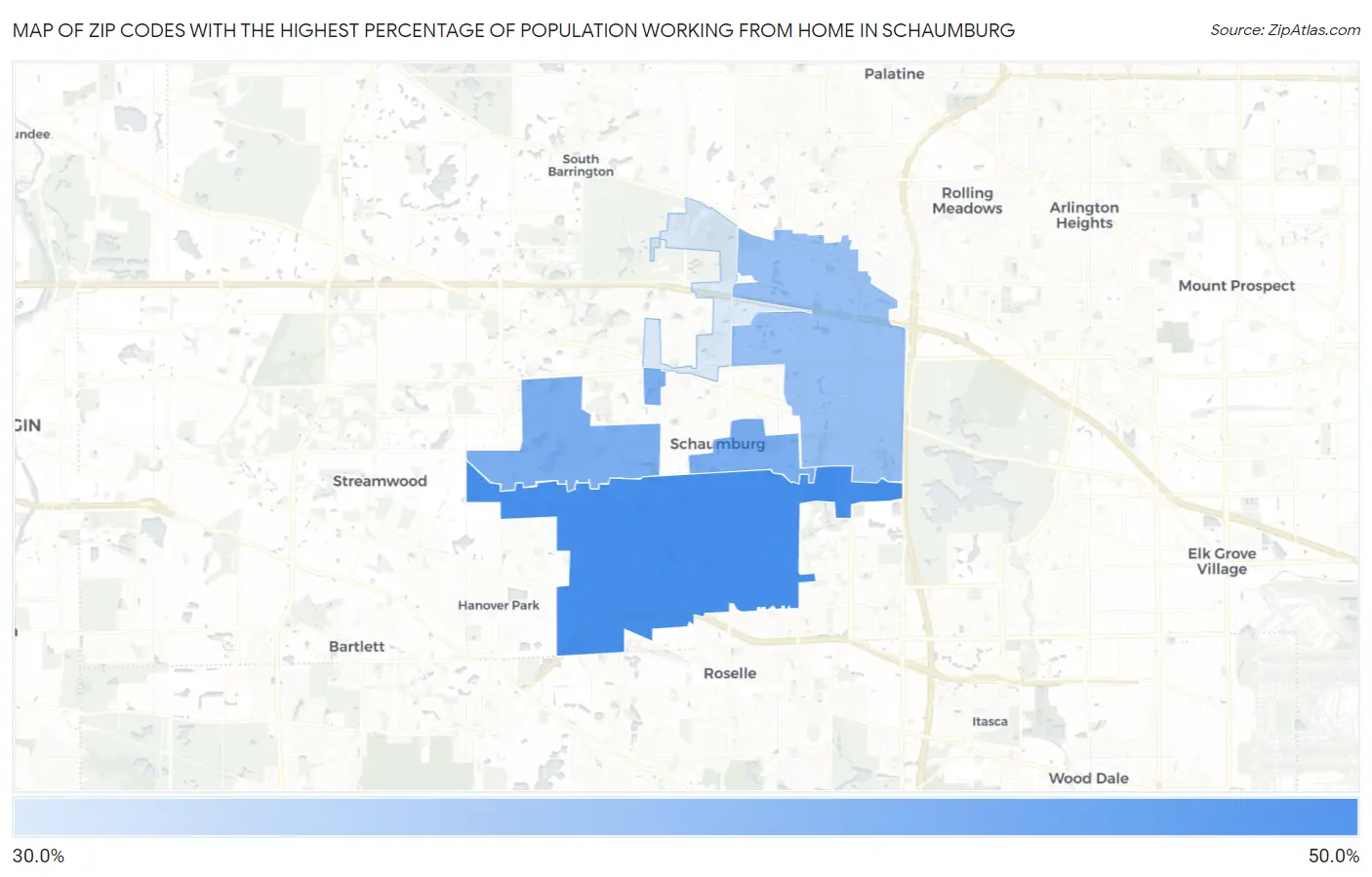 Zip Codes with the Highest Percentage of Population Working from Home in Schaumburg Map