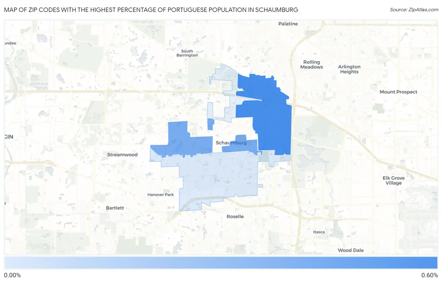 Zip Codes with the Highest Percentage of Portuguese Population in Schaumburg Map