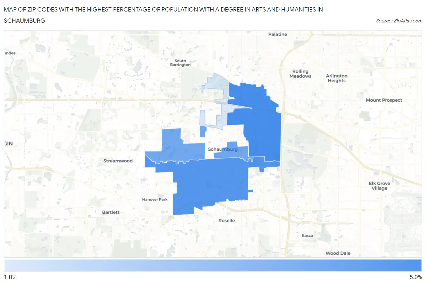 Zip Codes with the Highest Percentage of Population with a Degree in Arts and Humanities in Schaumburg Map