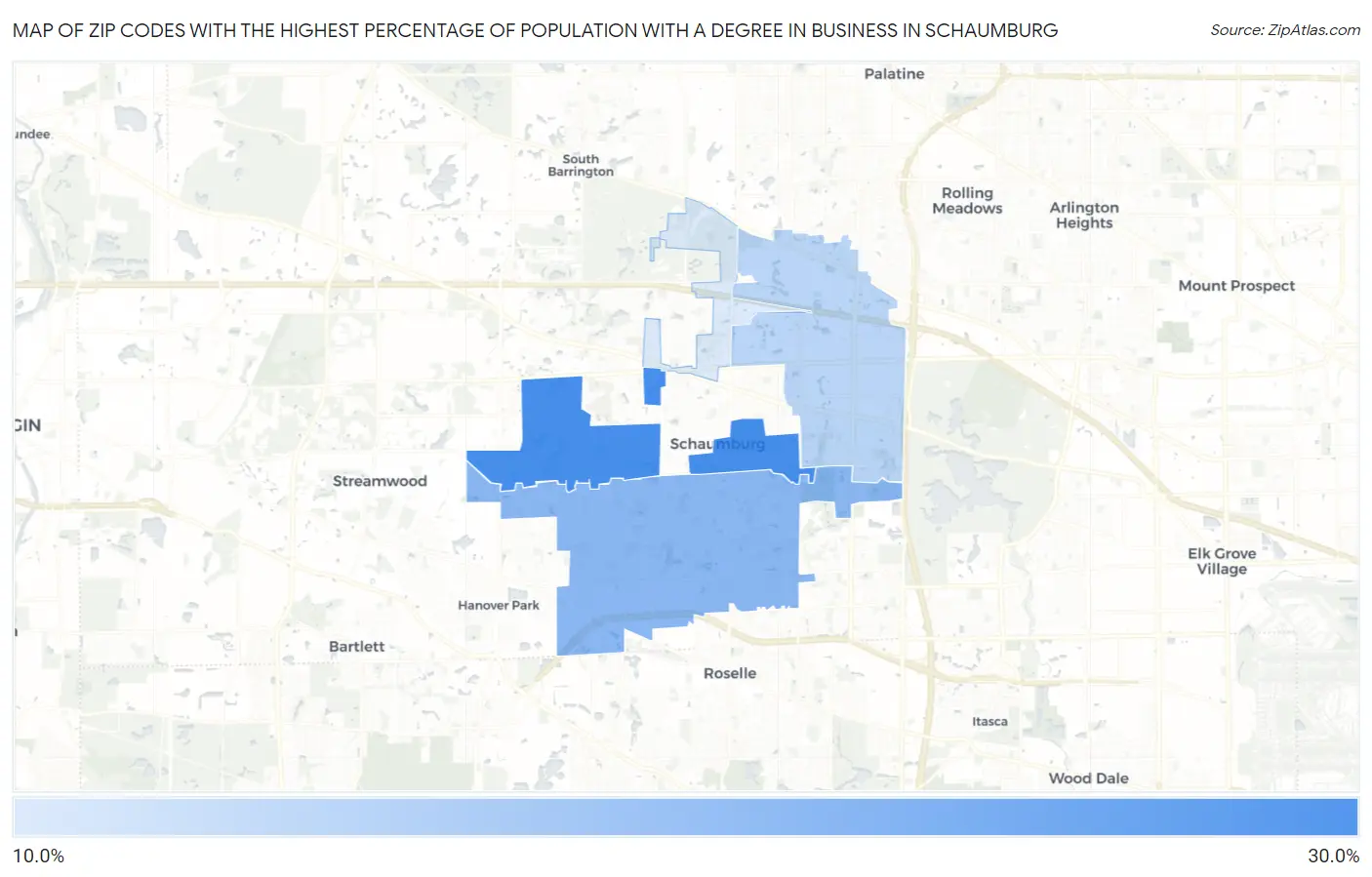 Zip Codes with the Highest Percentage of Population with a Degree in Business in Schaumburg Map