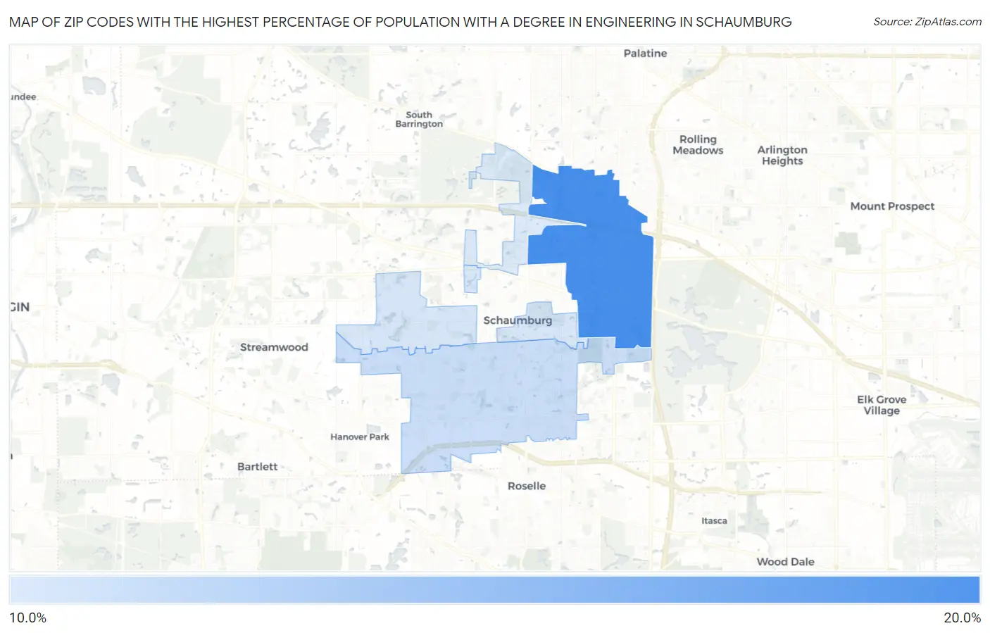 Zip Codes with the Highest Percentage of Population with a Degree in Engineering in Schaumburg Map