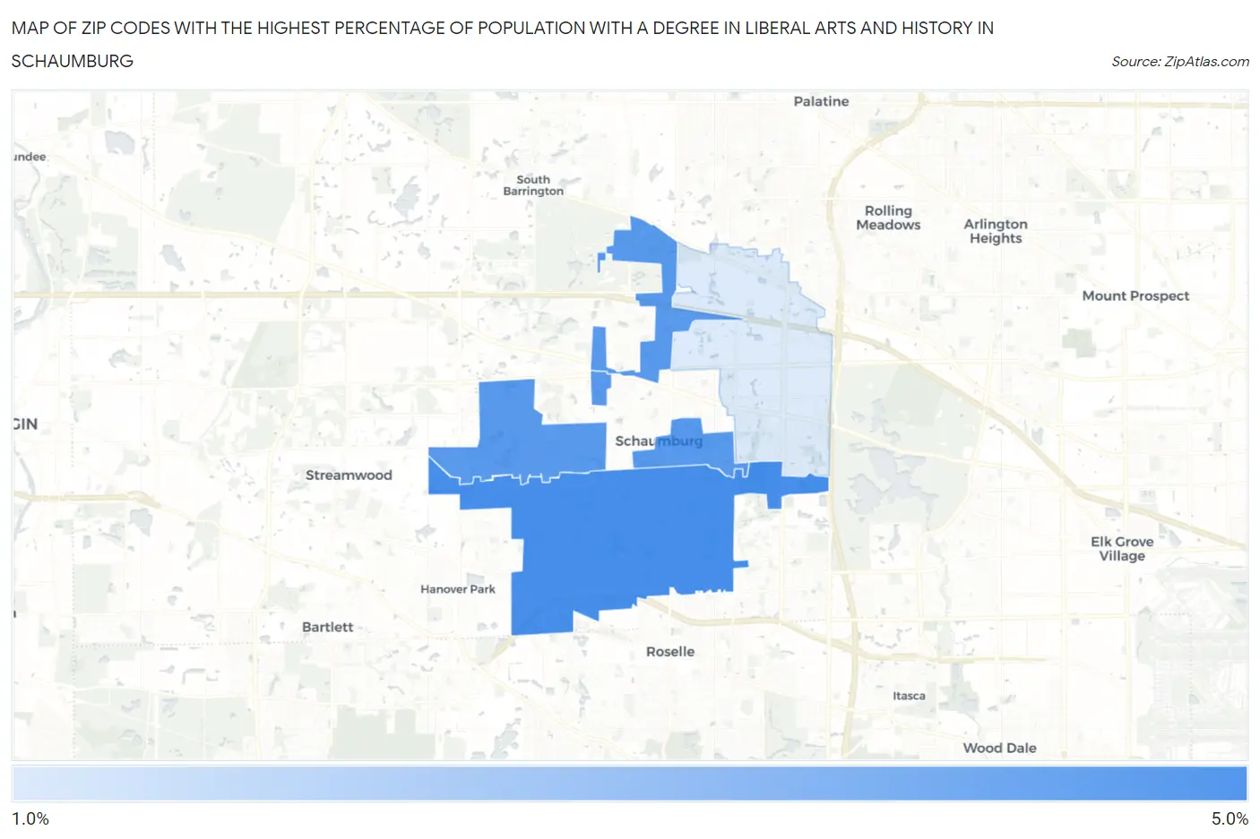 Zip Codes with the Highest Percentage of Population with a Degree in Liberal Arts and History in Schaumburg Map