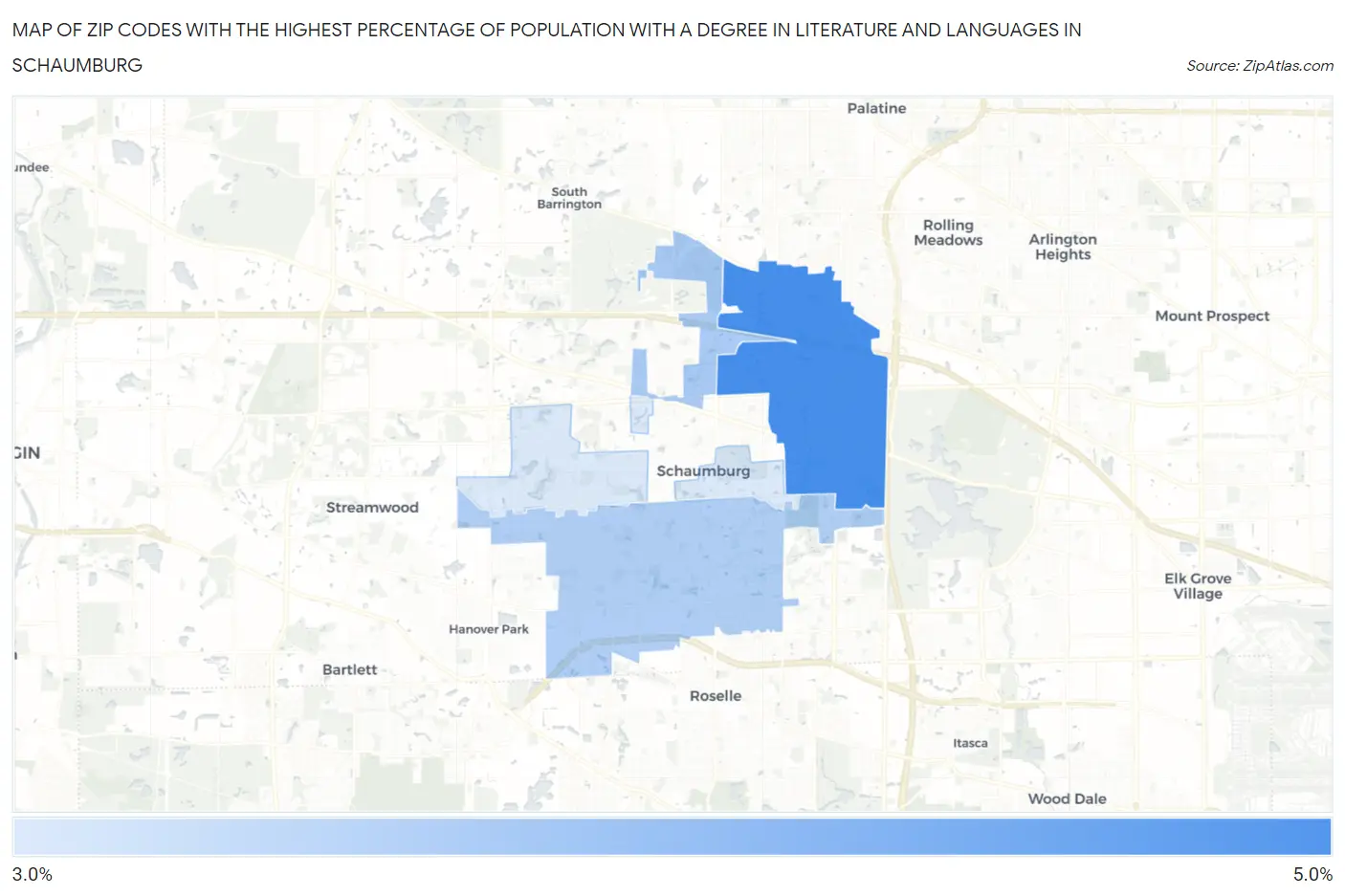 Zip Codes with the Highest Percentage of Population with a Degree in Literature and Languages in Schaumburg Map