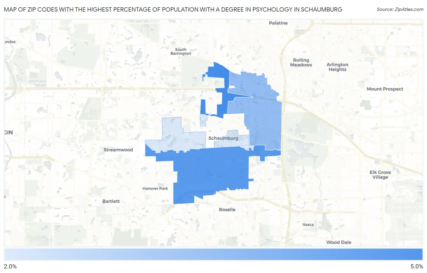 Zip Codes with the Highest Percentage of Population with a Degree in Psychology in Schaumburg Map