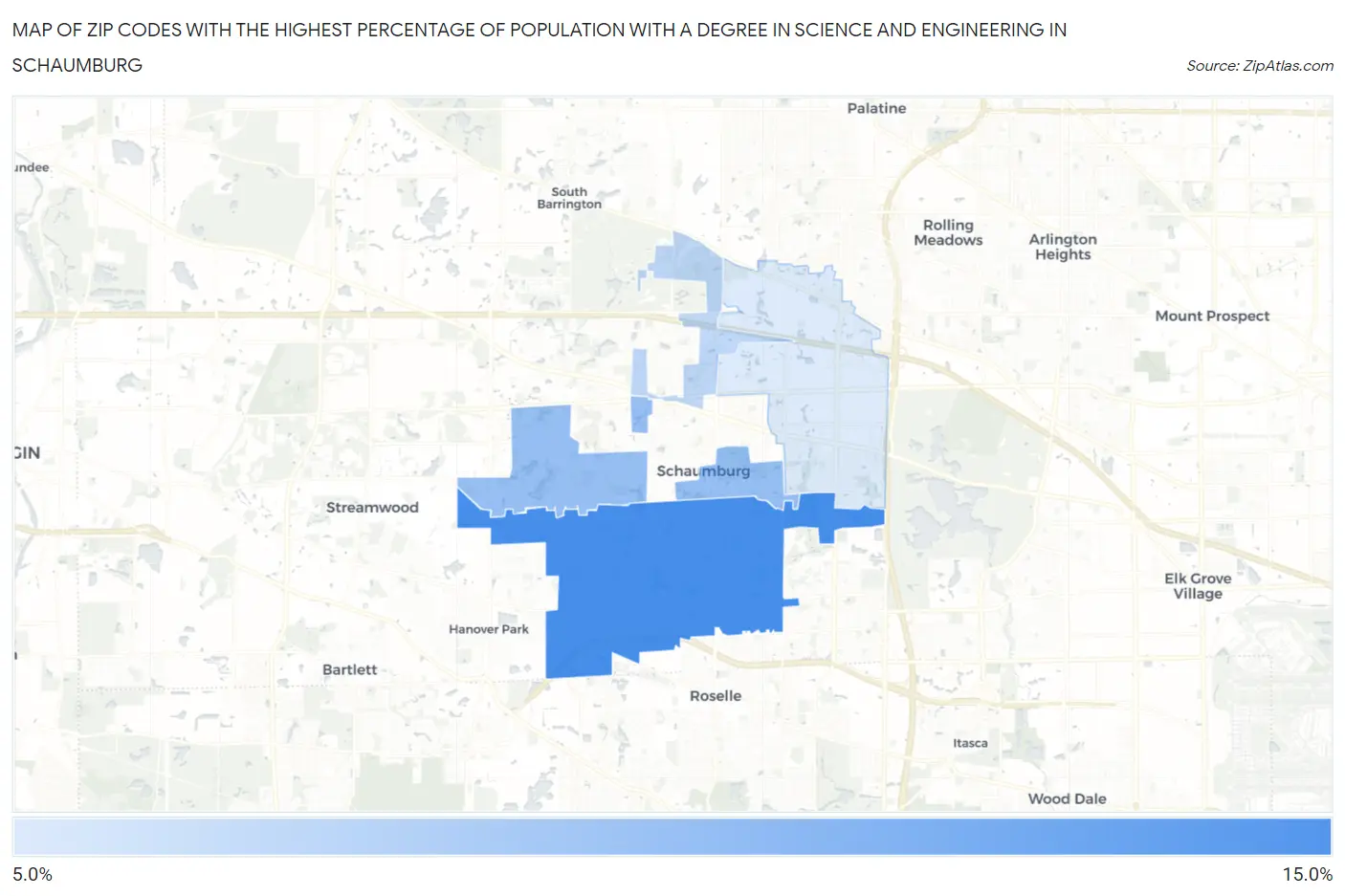 Zip Codes with the Highest Percentage of Population with a Degree in Science and Engineering in Schaumburg Map