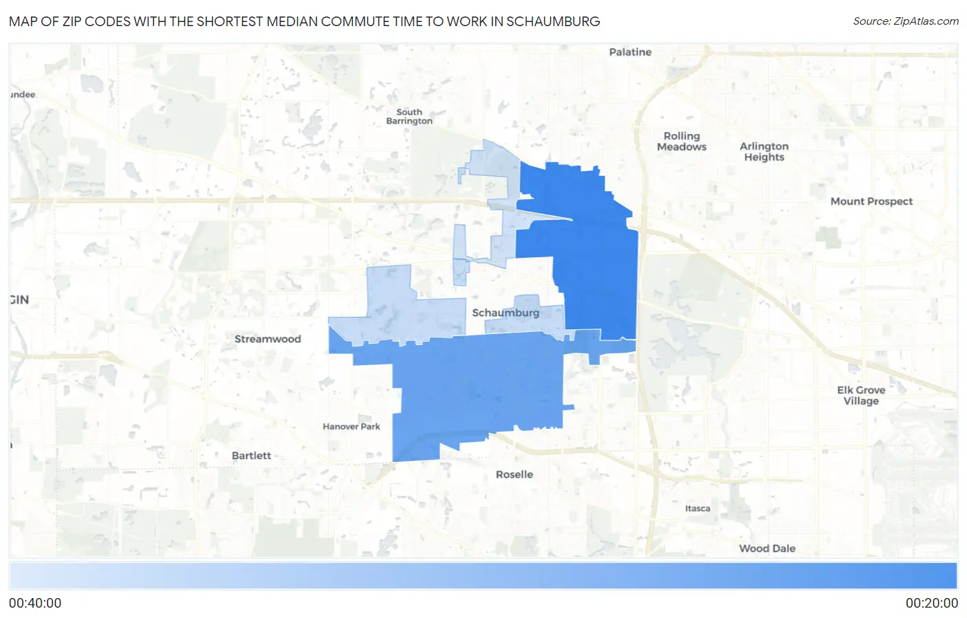 Zip Codes with the Shortest Median Commute Time to Work in Schaumburg Map
