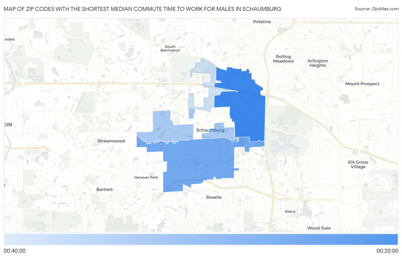 Zip Codes with the Shortest Median Commute Time to Work for Males in Schaumburg Map