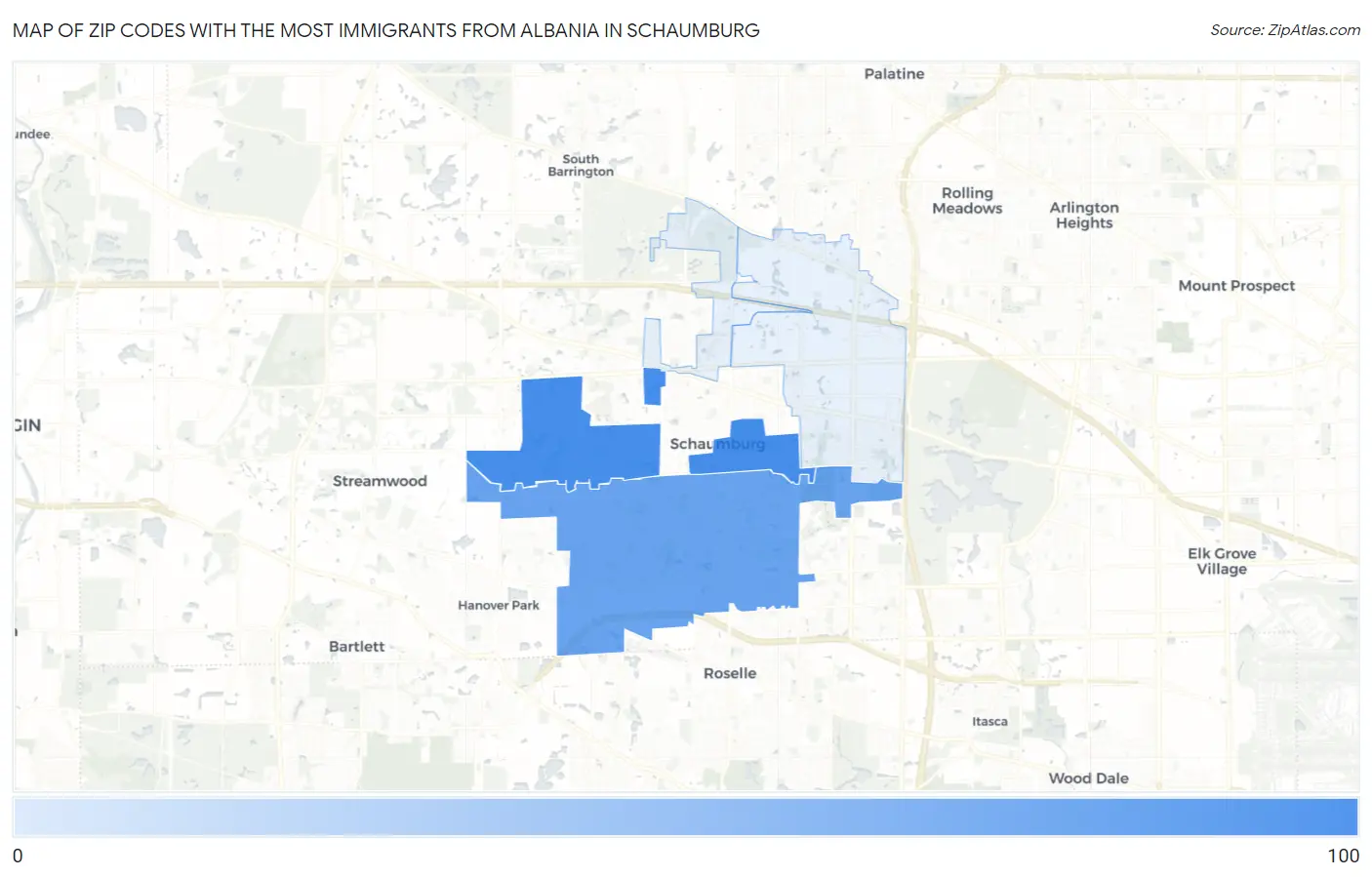 Zip Codes with the Most Immigrants from Albania in Schaumburg Map