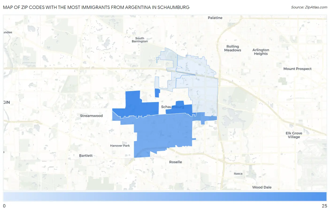 Zip Codes with the Most Immigrants from Argentina in Schaumburg Map