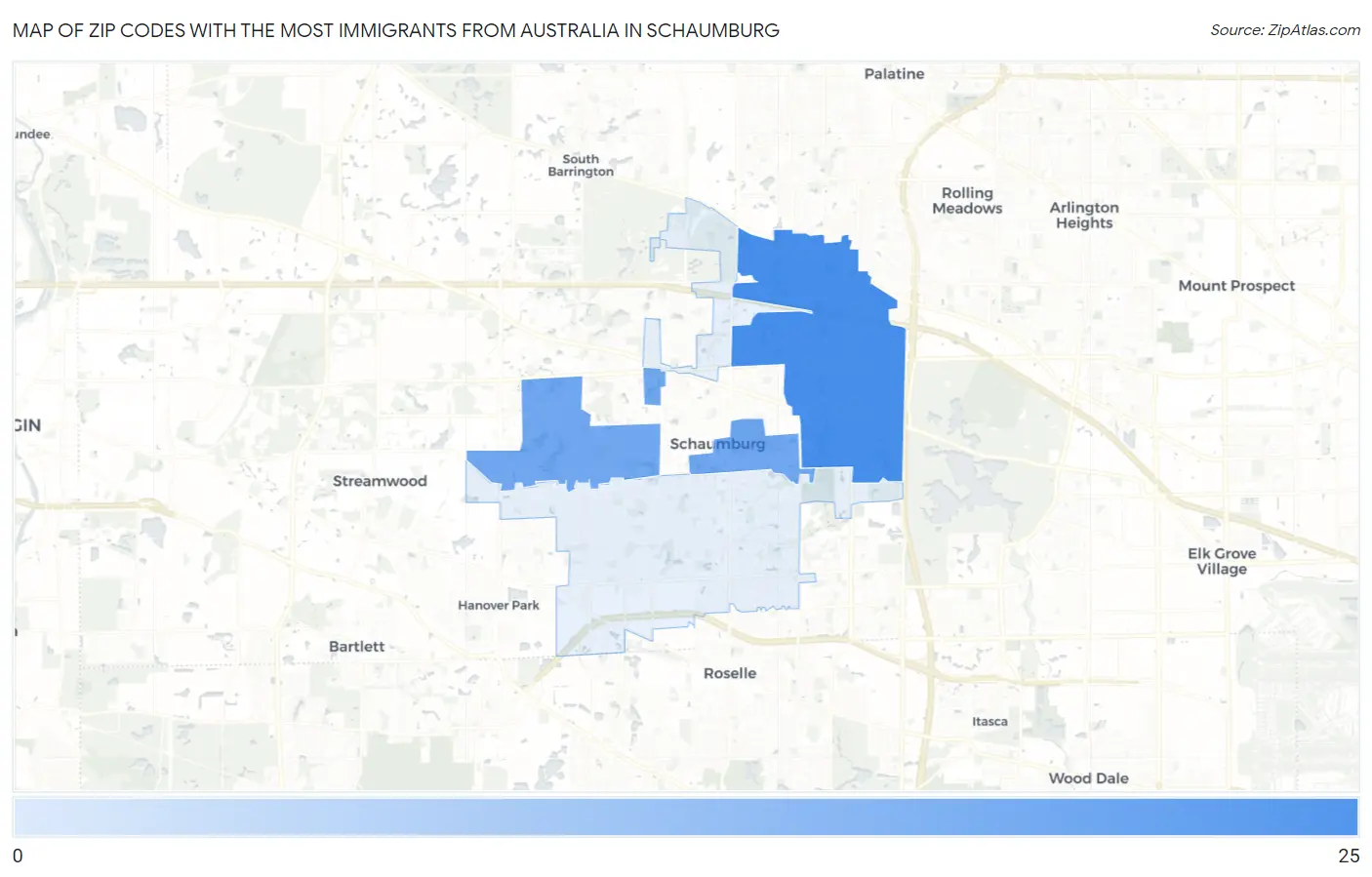 Zip Codes with the Most Immigrants from Australia in Schaumburg Map