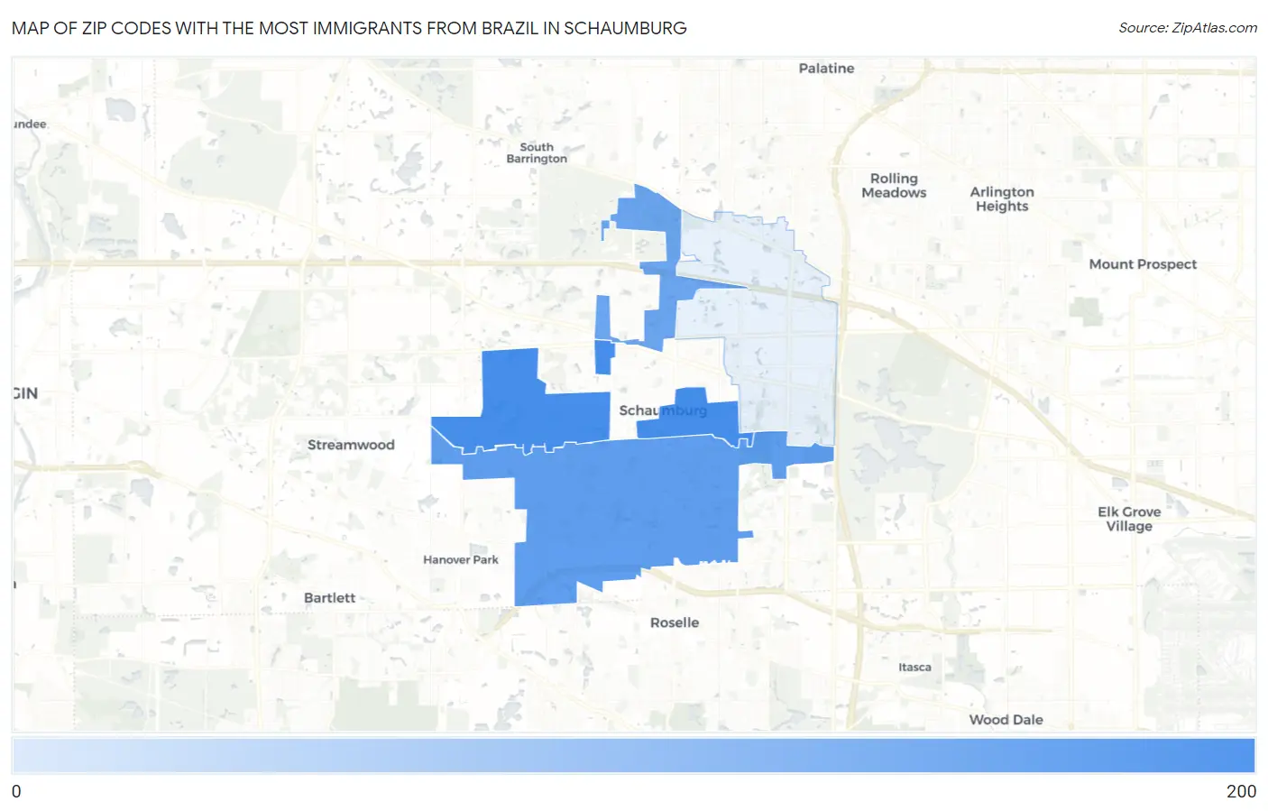 Zip Codes with the Most Immigrants from Brazil in Schaumburg Map