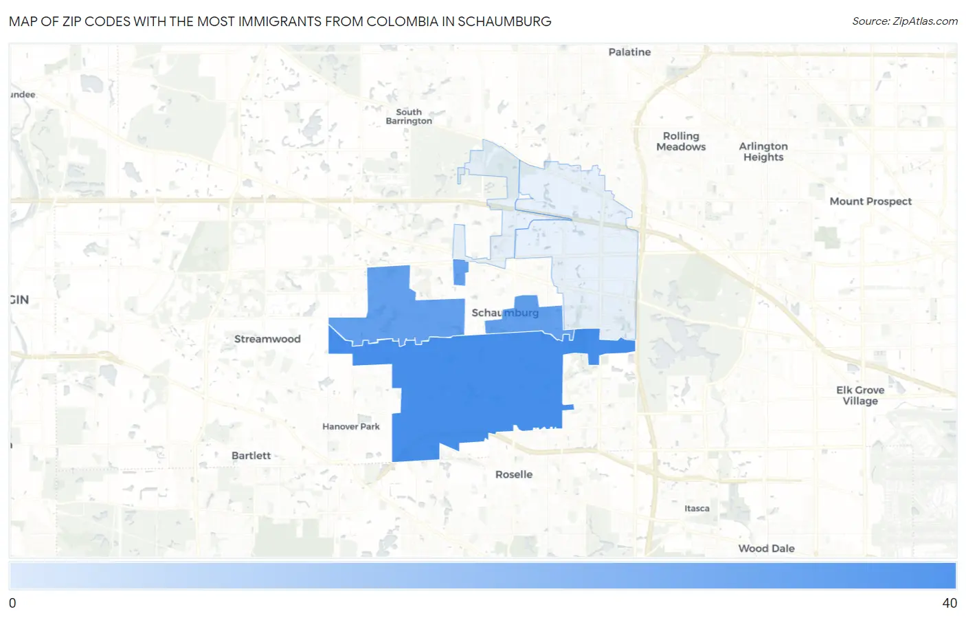 Zip Codes with the Most Immigrants from Colombia in Schaumburg Map