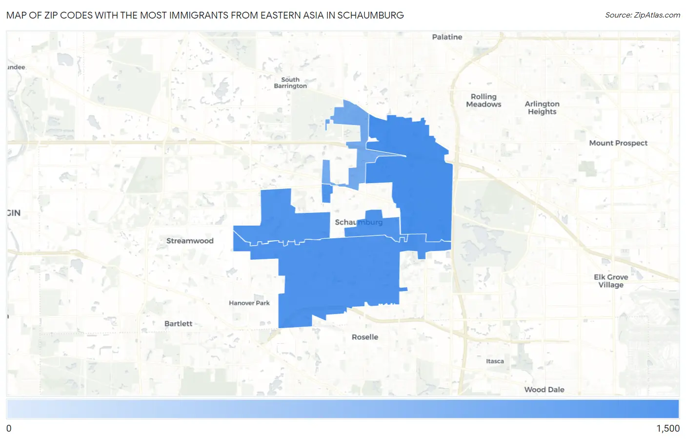 Zip Codes with the Most Immigrants from Eastern Asia in Schaumburg Map
