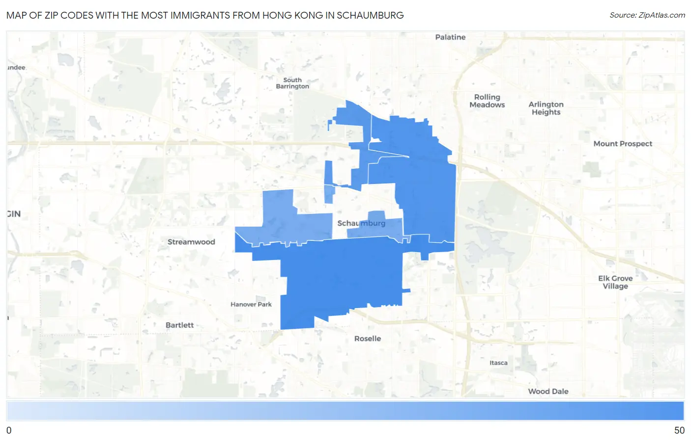 Zip Codes with the Most Immigrants from Hong Kong in Schaumburg Map