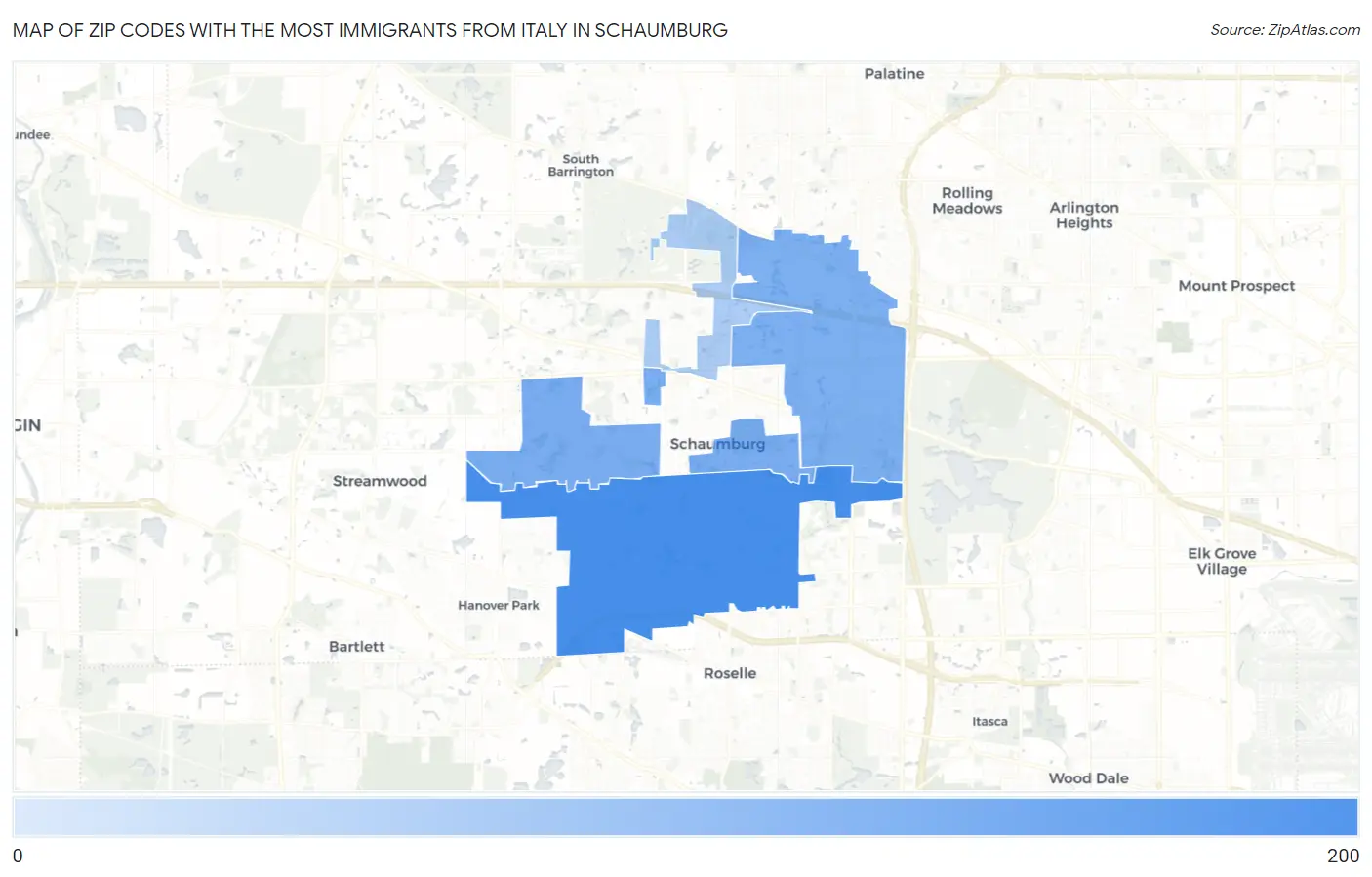 Zip Codes with the Most Immigrants from Italy in Schaumburg Map