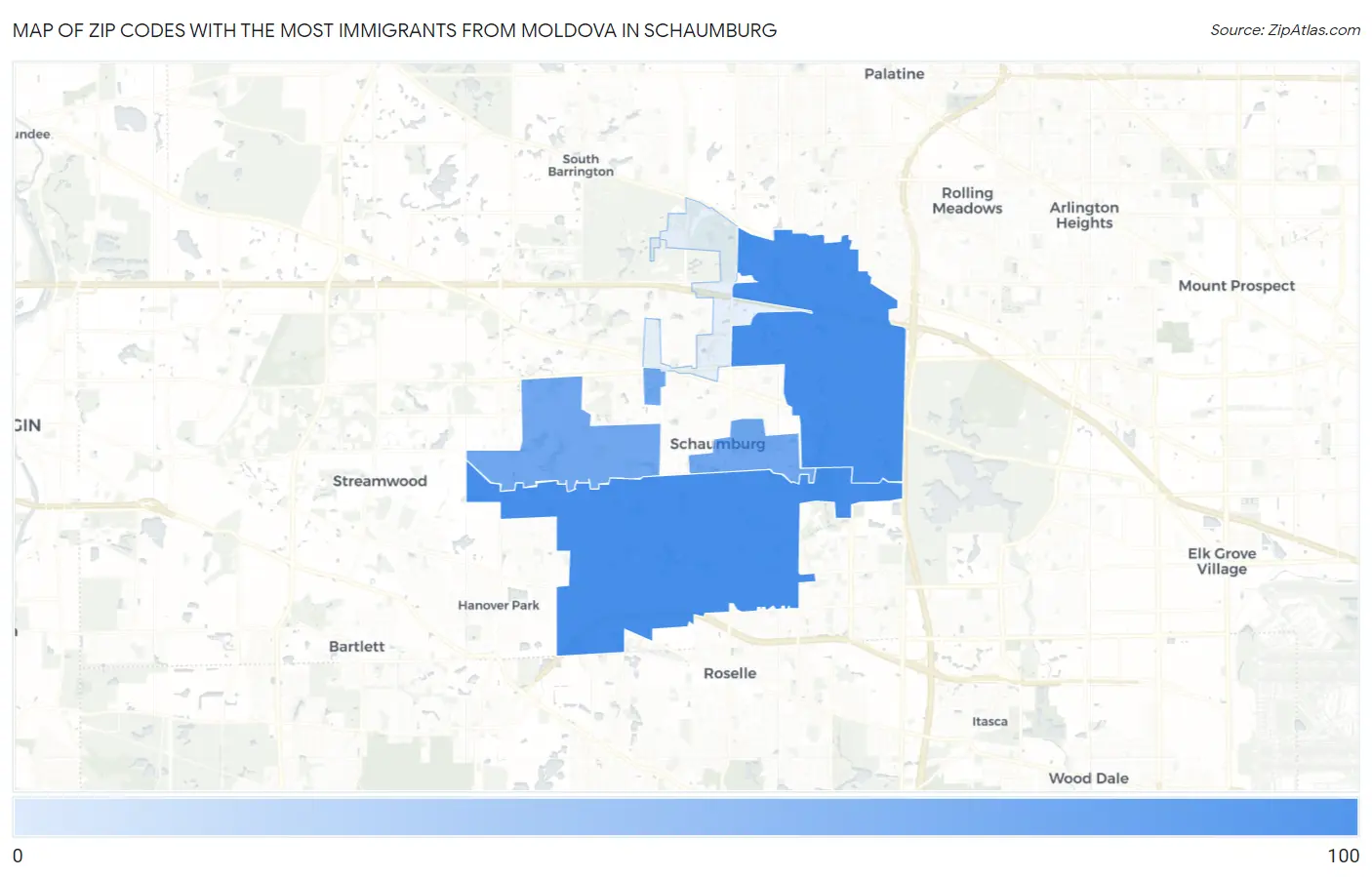Zip Codes with the Most Immigrants from Moldova in Schaumburg Map