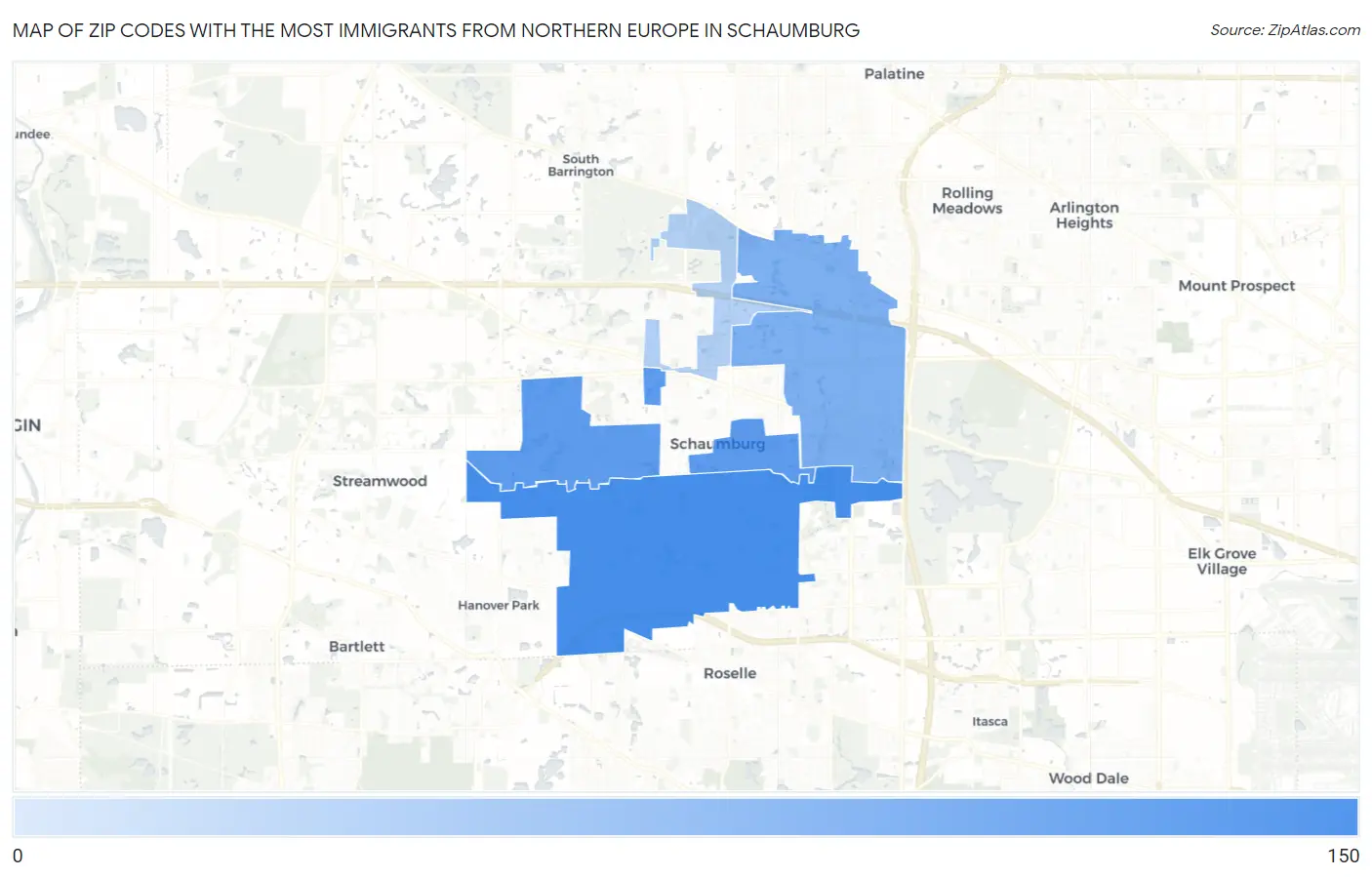 Zip Codes with the Most Immigrants from Northern Europe in Schaumburg Map
