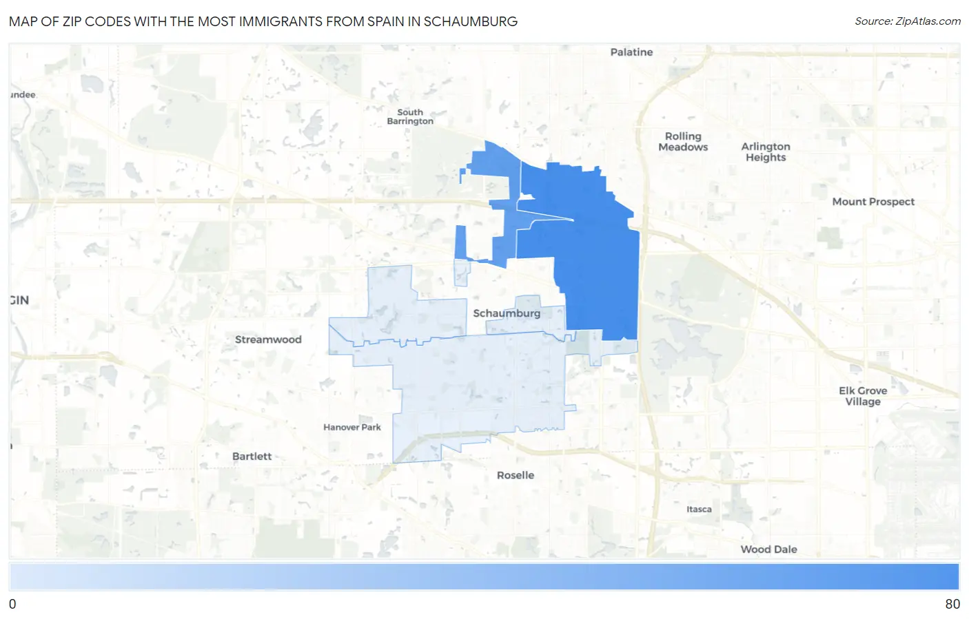 Zip Codes with the Most Immigrants from Spain in Schaumburg Map
